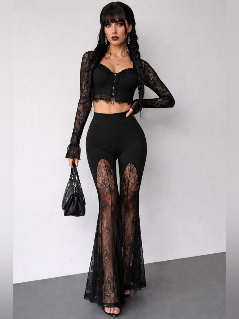 Black Lace Flare Pants – Size Large Petite | High Rise Stretch Statement Pants